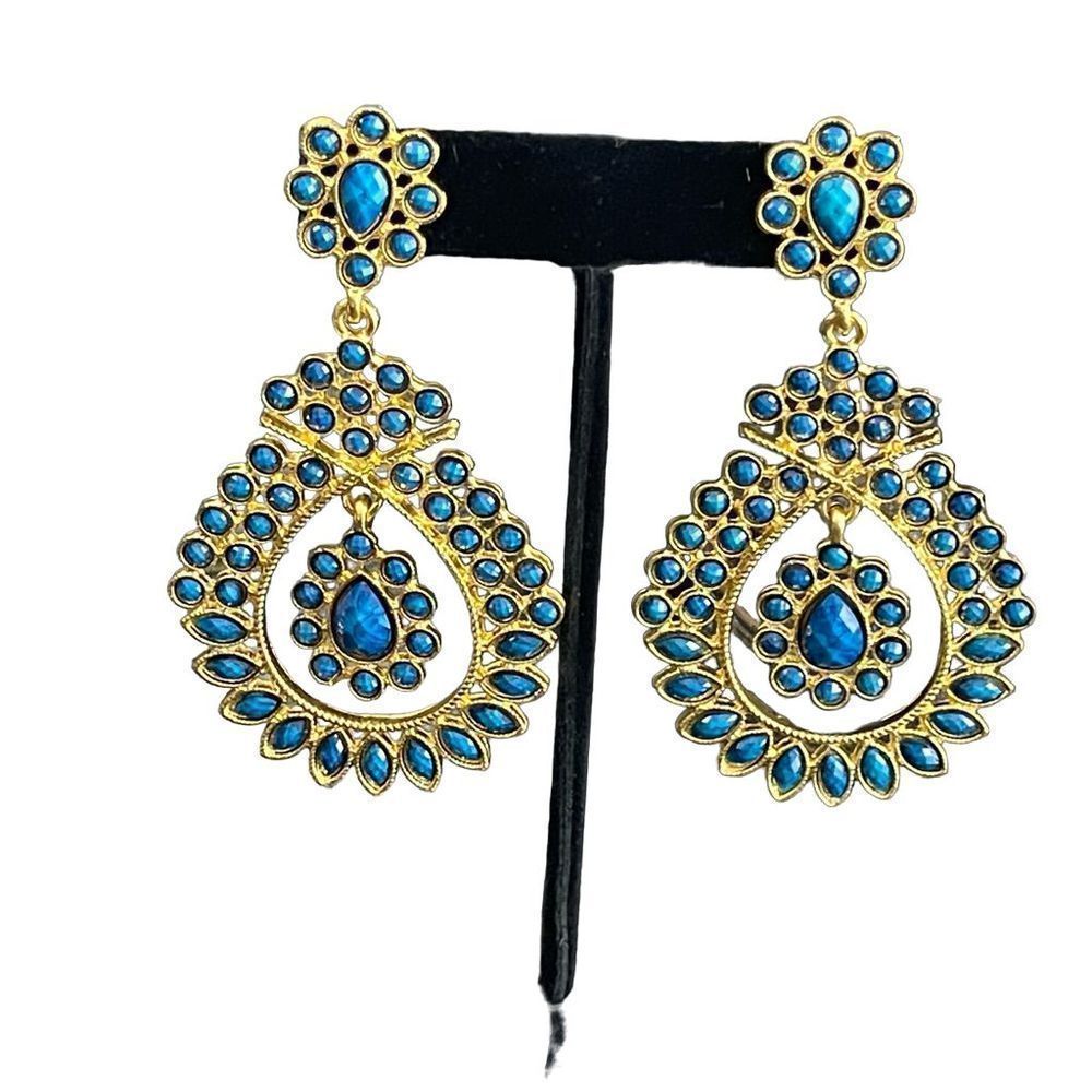 Amrita Singh Blue Stone Statement Earrings Gold Tone 48$